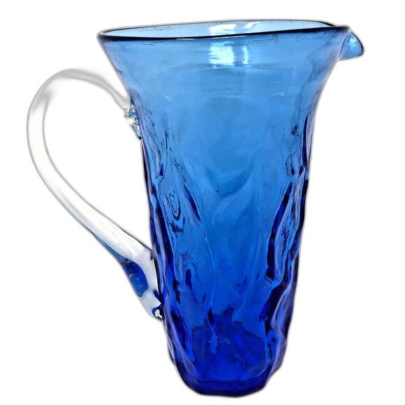 Studio Art Glass Pitcher Hand Blown Textured Ombre Blue Clear Handle 7" Tall - Picture 2 of 12